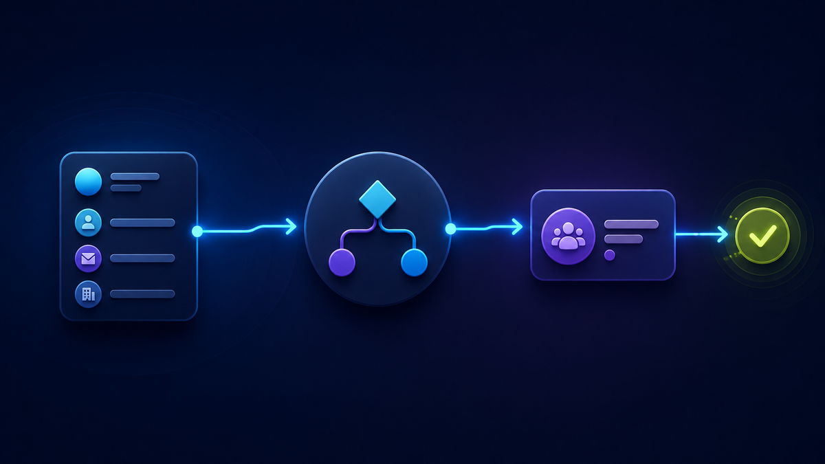 A simple conversation path connects useful lead details to a business decision, a responsible team, and a clear stopping point.