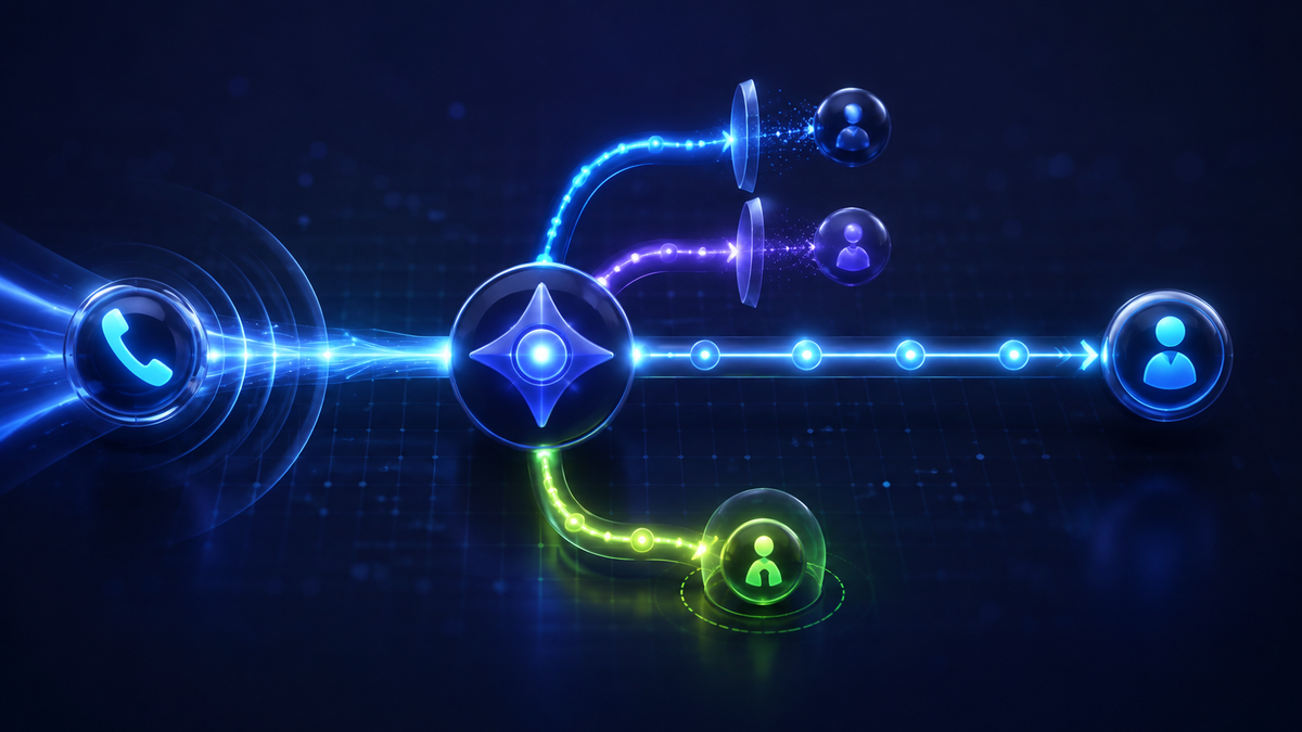 Two fictional call-routing rules converge at a decision point, with one intended winner and a separate fallback path.