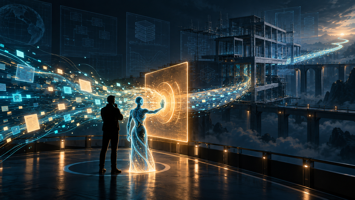 A founder and an AI guide stop a luminous data stream that has raced beyond an unfinished recovery blueprint.