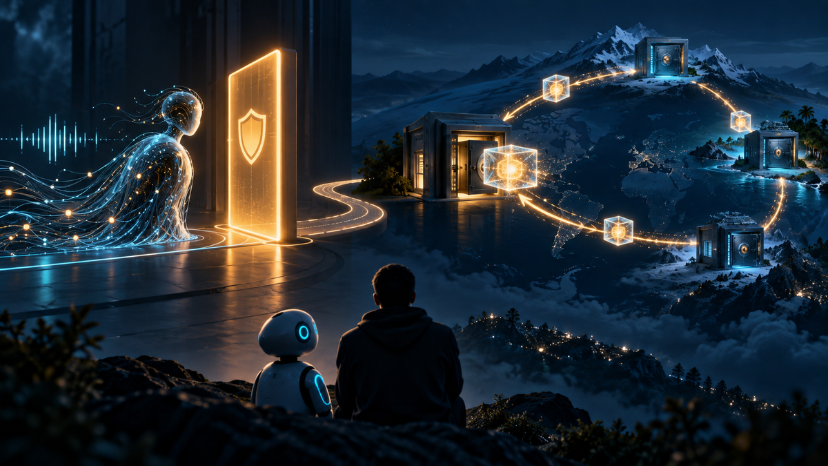 A safely paused AI workstream contrasts with an encrypted archive traveling to verified offsite recovery points and back.