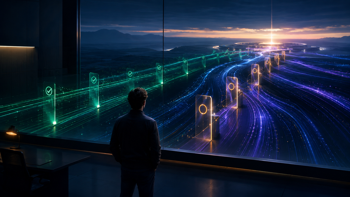 A founder and several AI workstreams move through a luminous control room where careful checkpoints separate green tests from the launch horizon.