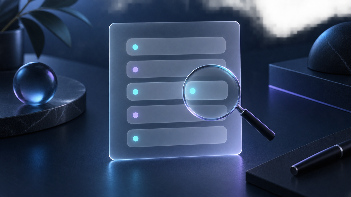 A magnifying lens examines one row of an abstract five-item checklist.