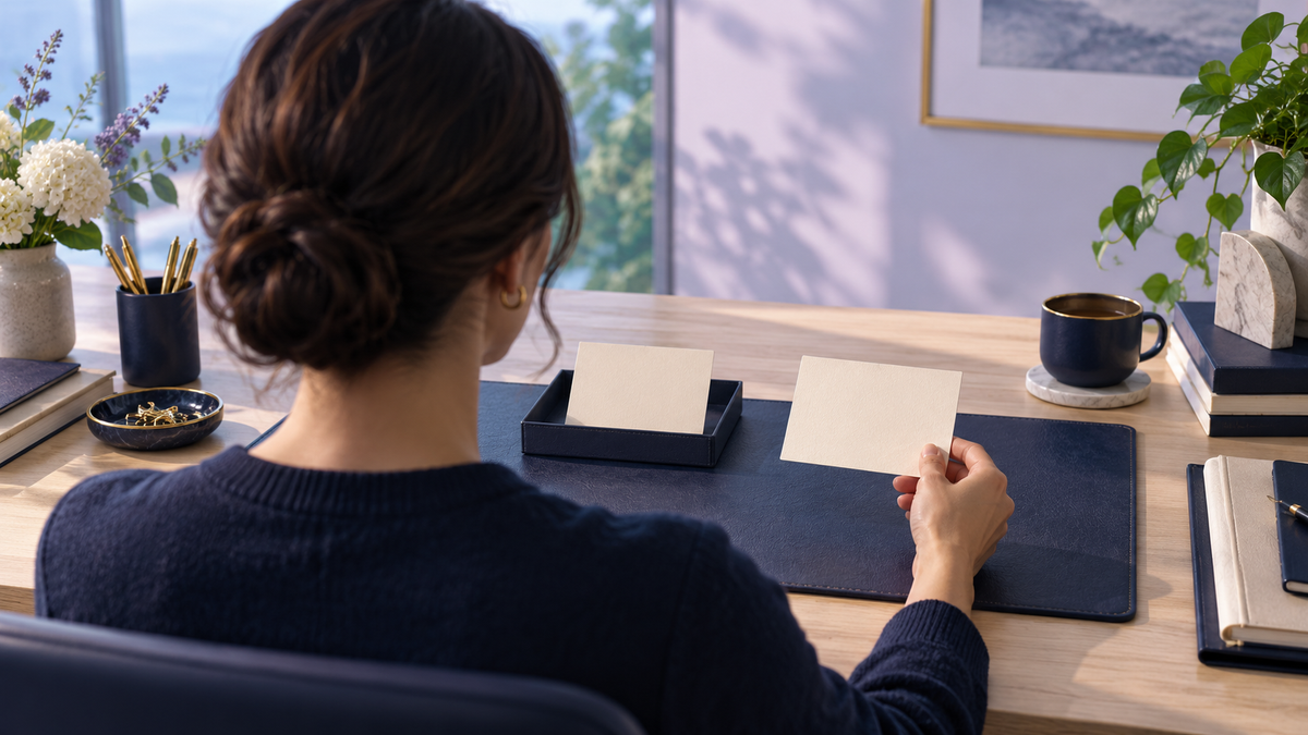 Person at a desk comparing two blank response cards before choosing what to say to a customer.