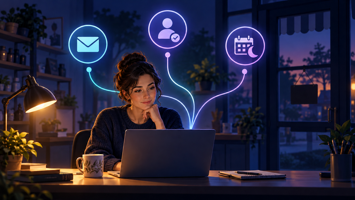 Illustration of a business owner reviewing three after-hours message paths at a desk at dusk.