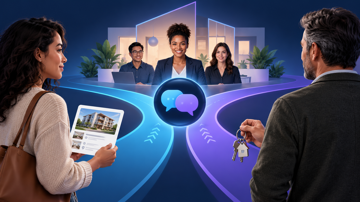 Illustration of a prospective renter with a property listing and a property owner with keys following separate paths toward a property-management team.
