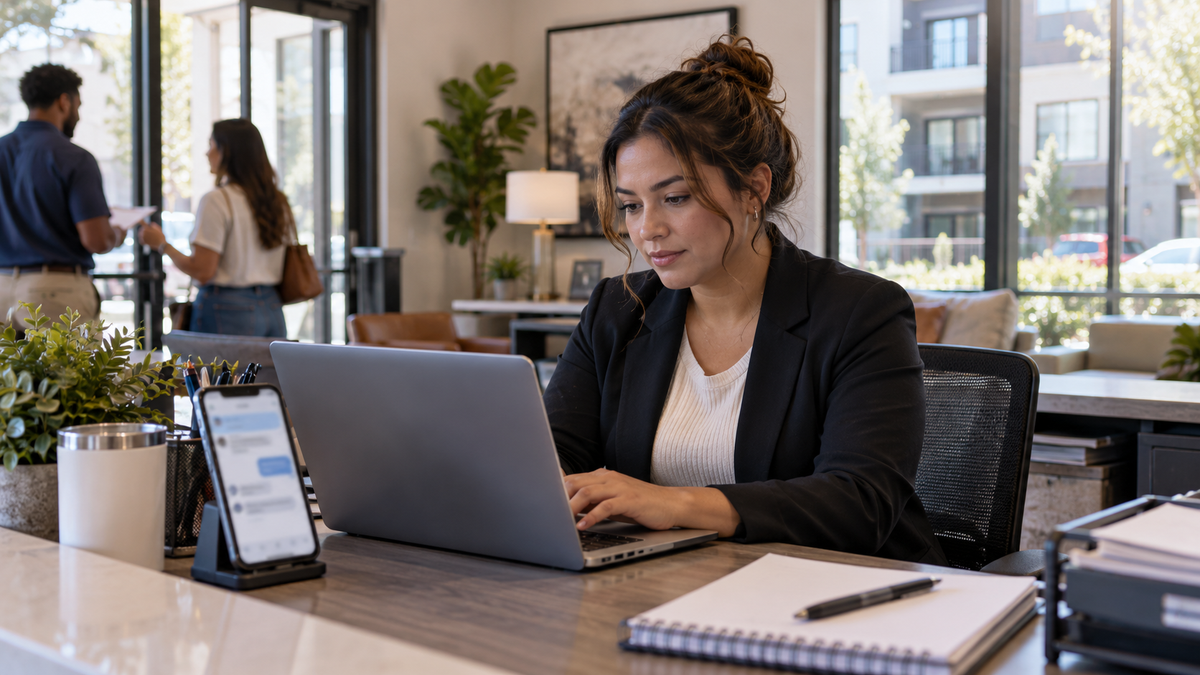 Leasing office employee working at a laptop while visitors speak in the background.