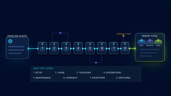AI receptionist quote expanding through setup, usage, telephony, integrations, maintenance, oversight, exceptions, and switching into low, expected, and peak total-cost scenarios.