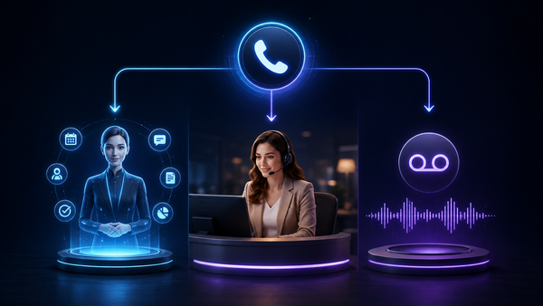 One incoming business call branches to an AI receptionist, a human answering-service operator, and voicemail.
