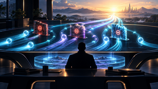 A founder guides luminous AI workstreams through distinct safety gates toward a sunrise horizon while a preserved rollback copy glows beneath the system.