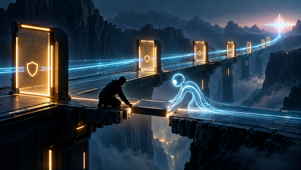 An AI workstream pauses at precise safety gates while a founder and AI guide repair a small missing bridge toward a distant voice signal.