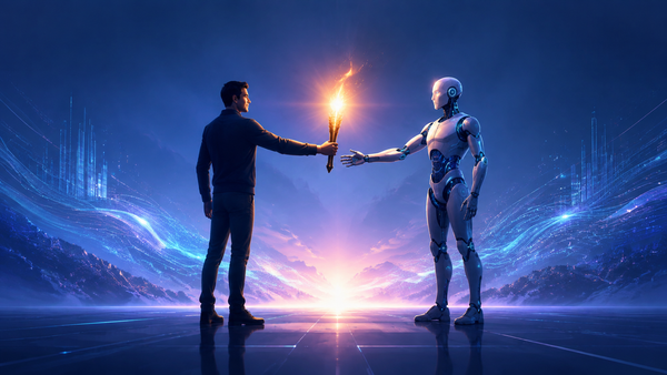 A human founder passes a glowing torch to an AI figure in a blue and violet digital landscape.