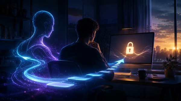 A human founder facing a glowing locked workstation while an AI figure projects a clear recovery path between them.