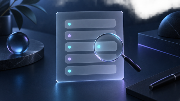 A magnifying lens examines one row of an abstract five-item checklist.
