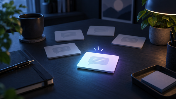 One illuminated question card selected from several blank conversation cards on a small-business desk.