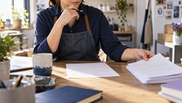 Small-business owner reviewing a blank intake form and setting aside extra paperwork at a desk.