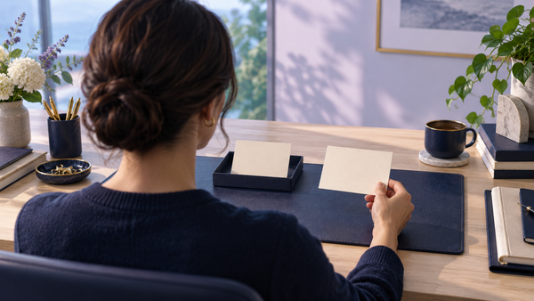 Person at a desk comparing two blank response cards before choosing what to say to a customer.