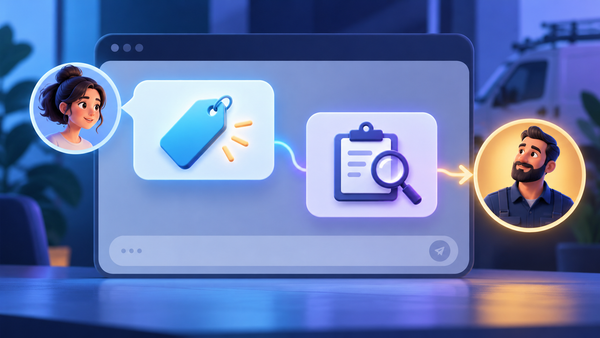 Illustration of a website chat connecting a published-fee symbol to a job-assessment checklist and a service professional.