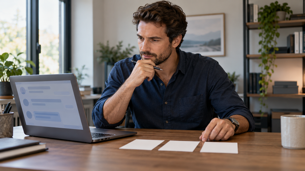 Fictional business operator reviewing website messages beside three blank question cards.