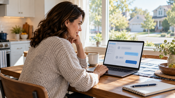 Illustrative homeowner at a kitchen table viewing a website chat on a laptop, with neighborhood homes outside the window.