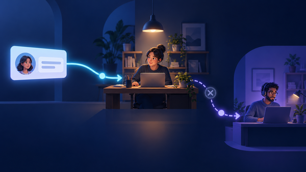 Illustration of a customer message reaching a small-business operator, with an alternate path to another staff member if the first handoff fails.
