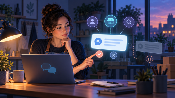 Illustration of a small-business operator reviewing a chat answer and choosing whether to keep or pause it.